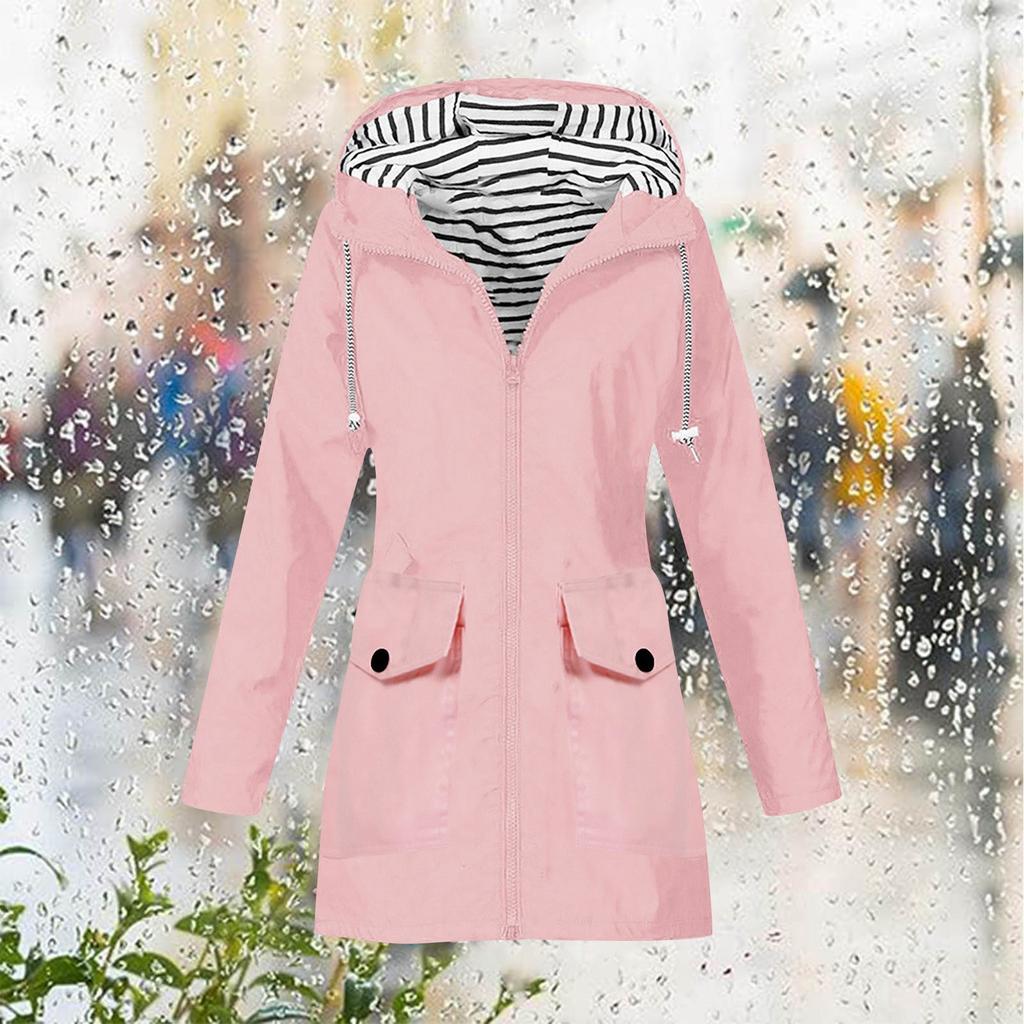 Women Solid Stripe Rain Jacket Outdoor Plus Waterproof Hooded Raincoat Windproof