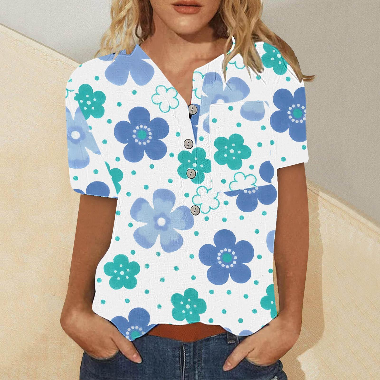 Women s Summer Casual Fashion Cotton Linen Printed Women s Short Sleeve Shirt Tops L синий