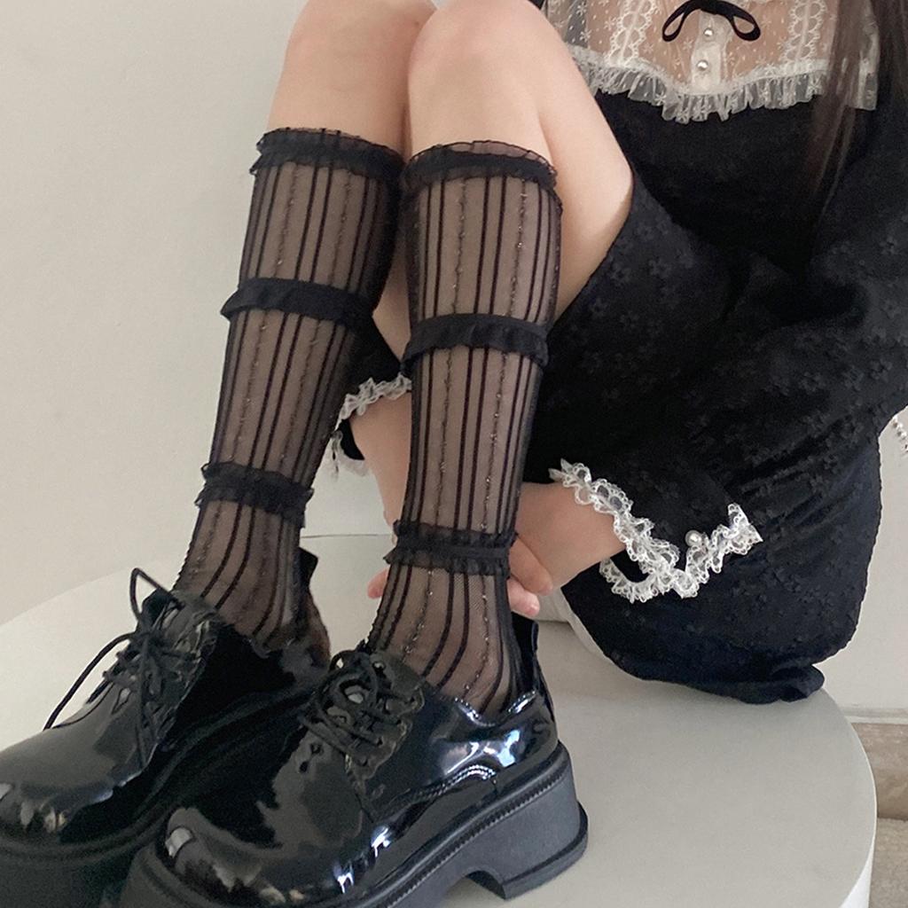 Lace Calf Socks Stretcy Knee High Sock 3 Layered Lace Stocking for Student Girl Ladies Vintage Lace Bunching Socks