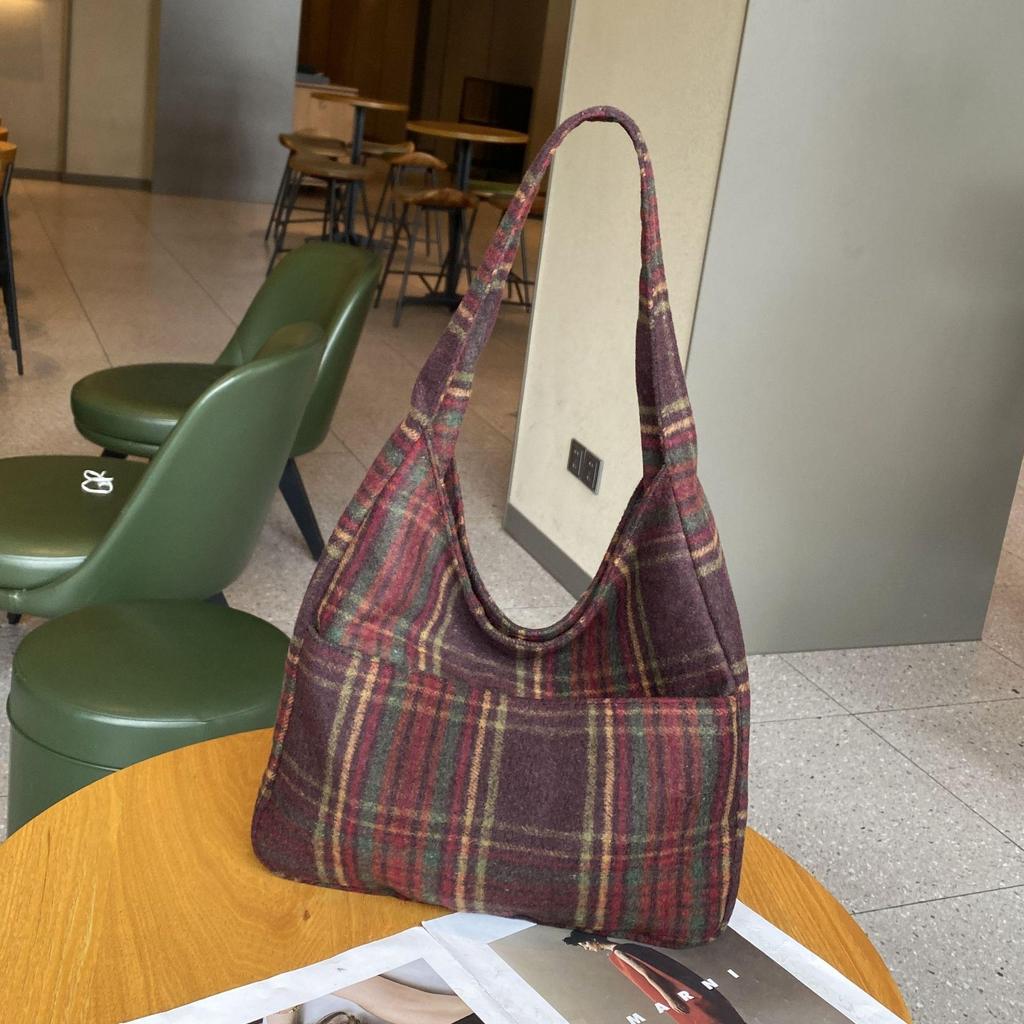 Versatile Crossbody Bag, Retro Woolen Checkered Tote Bag, School-style Large-capacity Bag