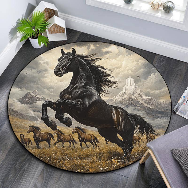 Black Horse Round Area Rug,Carpet Rug for Living Room Bedroom Sofa Playroom Decor,Non-slip Floor Mat