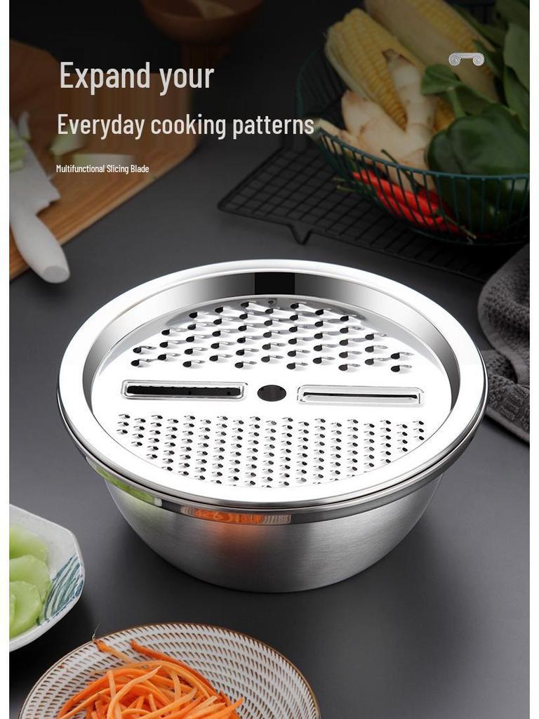 Multifunctional Stainless Steel Grater and Drain Basin Set with Slicer and Non-Magnetic Rice Sieve