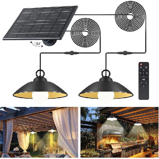 Solar Pendant Lights with Remote Control, 3 Color 2 Brightness Mode Timer 8 inch Outdoor Hanging Shed Gazebo Chandelier Lamp Chicken Coop Barn Porch