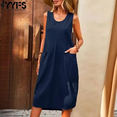 Women's Fashion Summer Spring Solid Color Print Sleeveless U-Neck Loose Waistline Casual Dresses