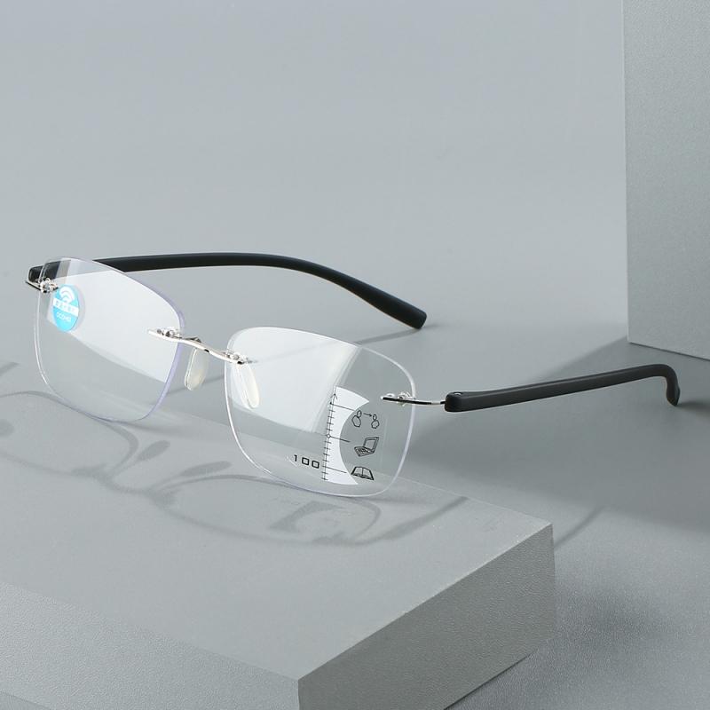 Unisex Square Progressive Multifocal Glasses Men Women Trendy Rimless Reading Glasses Vintage Blue Light Blcoking Eyeglasses
