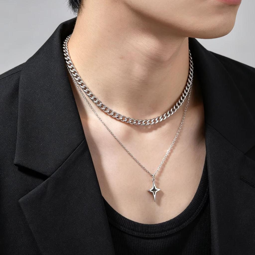 2pcs Set Hip-hop Hollow Star Pendant Necklace for Men, Double Layered Stainless Steel Chain Collar, Fashion Punk Jewelry Gift