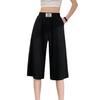 Summer Ice Silk Casual Pants Elastic Waist Pockets Cropped Pants Solid Color Wide Leg