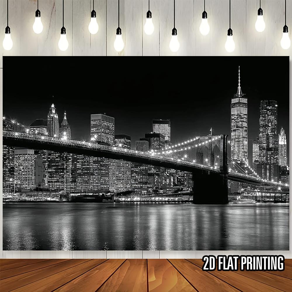 2D plan, 1 New York City skyline and Brooklyn Bridge wall sticker - Black and white New York night scene background