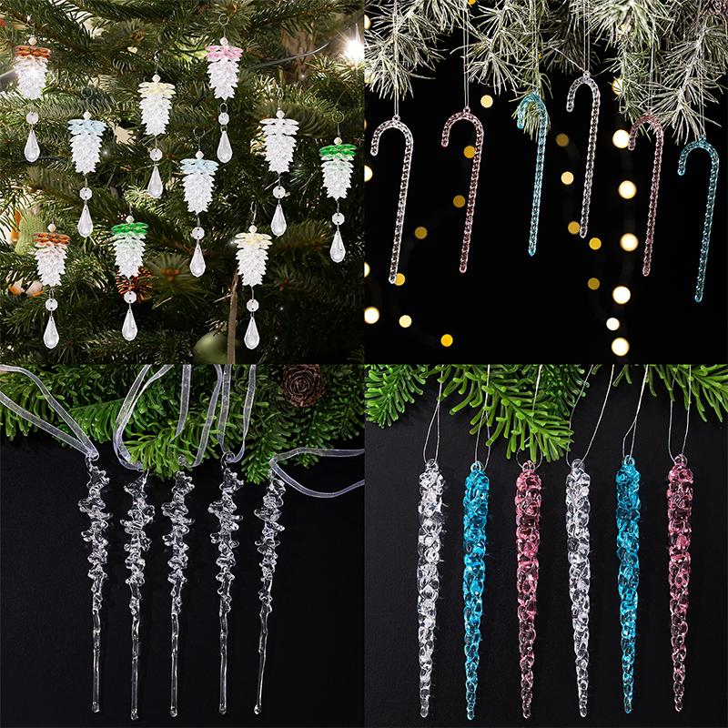 Clear Acrylic Christmas Tree Decorations Christmas Hanging Ornaments Snowflake & Icicle Hanging Decor New Year Party Decorations