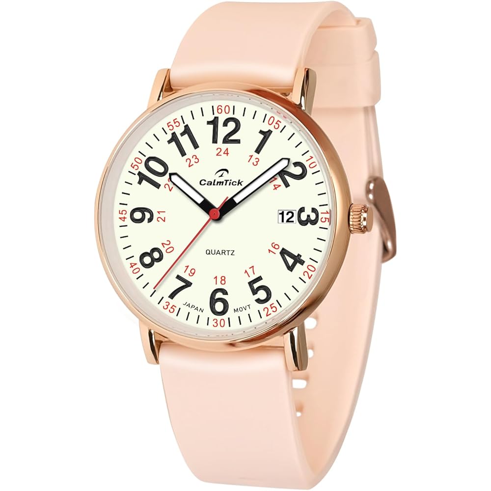 CalmTick Nurse Watch Analog Simple Stylish Waterproof Luminous Unisex for Students Rose Gold Pink
