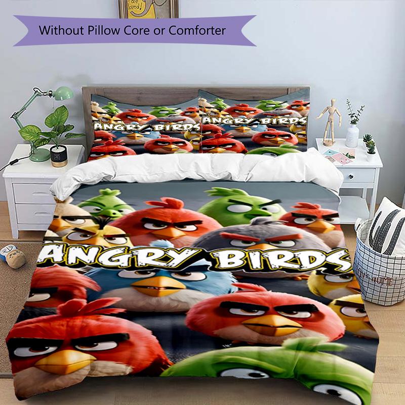 3pcs Duvet Cover Set (1*Duvet Cover + 2*Pillowcase, Without Core), Angry Birds Print Bedding Set, Bedroom Decor, All‑Season, Birthday Gift