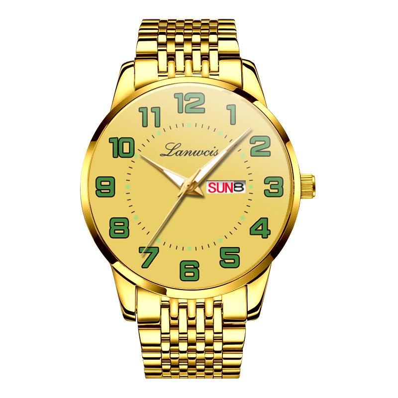 

Large dial Men s Digital Watch Elderly Watches Solid Steel Strap Gold black Chinese English dual calendar Waterproof Clock