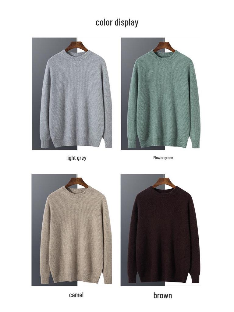 Men's Pure Cashmere Autumn/Winter Round Neck Sweater - Thick Knitted Long Sleeve Pullover