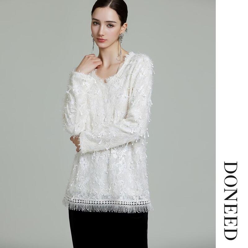 DONEED Elegant V-Neck Sequin Tassel Long-Sleeve Knit Sweater