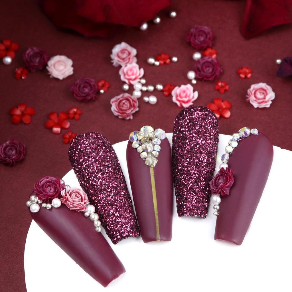 Valentine's Day Mixed Color Center Small Rose Nail Decoration Accessories, Red Acrylic Small Flower Silver Beads for Making Charming Nail Products
