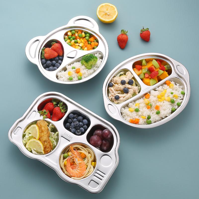 Creative 304 Stainless Steel Children's Divided Plate - Cartoon Anti-fall Design for Kindergarten and Baby Tableware.