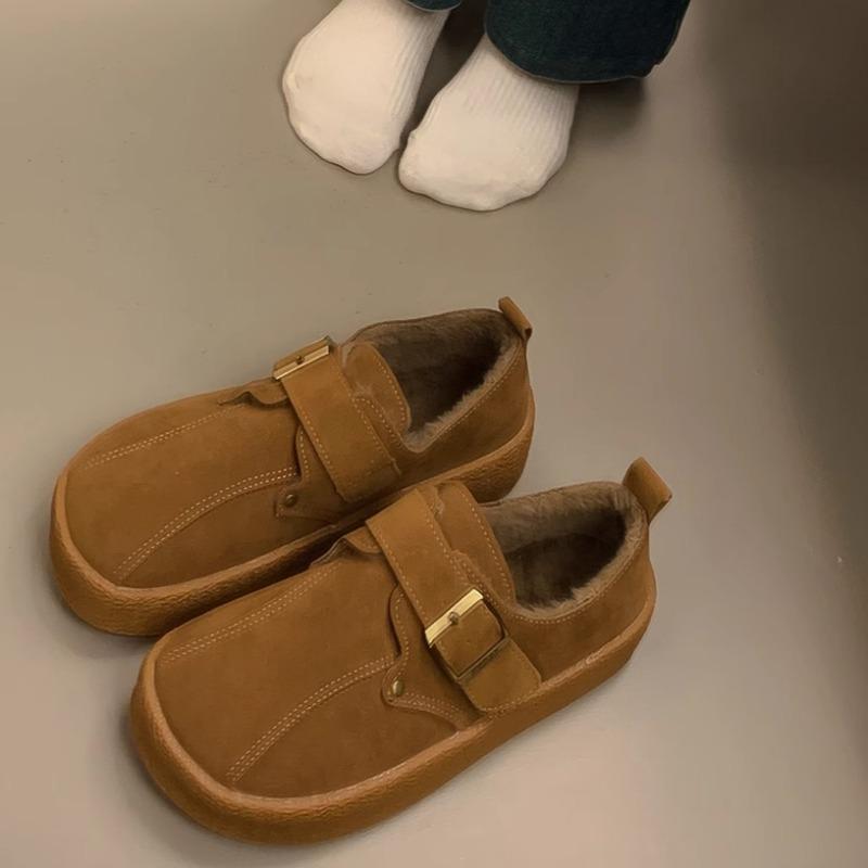 

Модная женская обувь на толстой подошве, хлопковая, зимняя, новая, с круглым носком, с глубоким вырезом, из замши, с металлической пряжкой, противоскользящая, износостойкая, плоская обувь 35