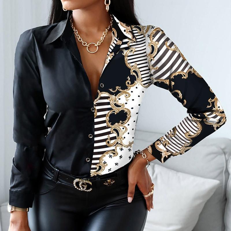 Autumn and Winter Women's Long-sleeved V-neck Colour Blocking Vintage Style Shirt Blouse Tops