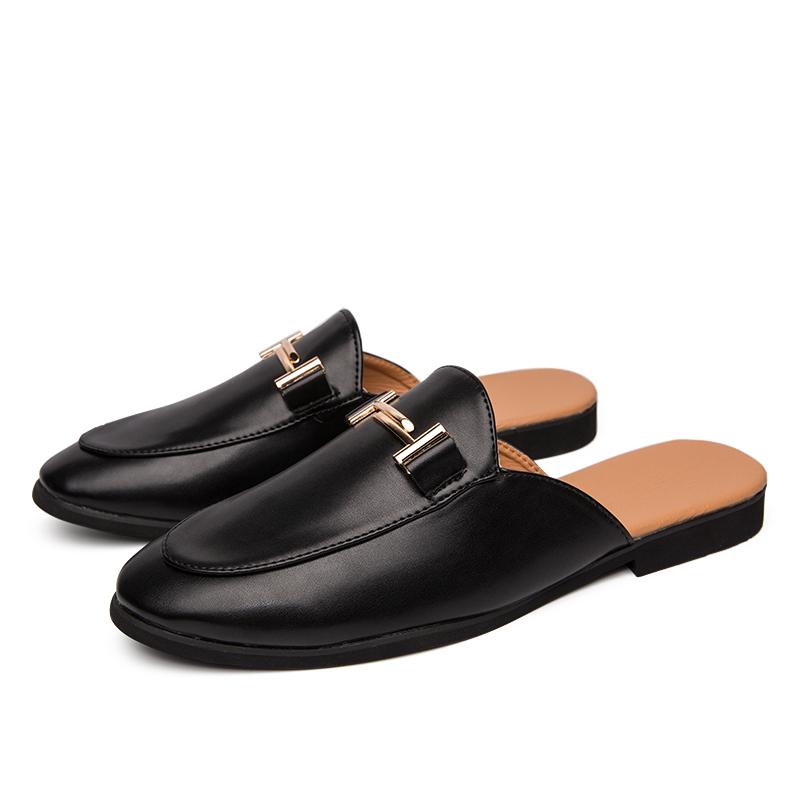 Fashion British Style Men Casual Leather Half Drag Shoes Fashion Flat Designer Outdoor Loafers Slip On Walking Round Toe Shoes Slippers