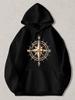 Black Pullover Hoodie with Golden Vintage Compass Rose Print Unisex Long Sleeve Sweatshirt with Front Pocket and Drawstring Hood F