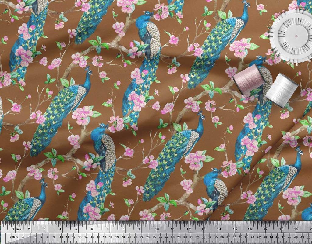 Soimoi Black Poly Crepe Fabric Pink Flower|Branch & Peacock Bird Print Fabric by the Yard 42 Inch