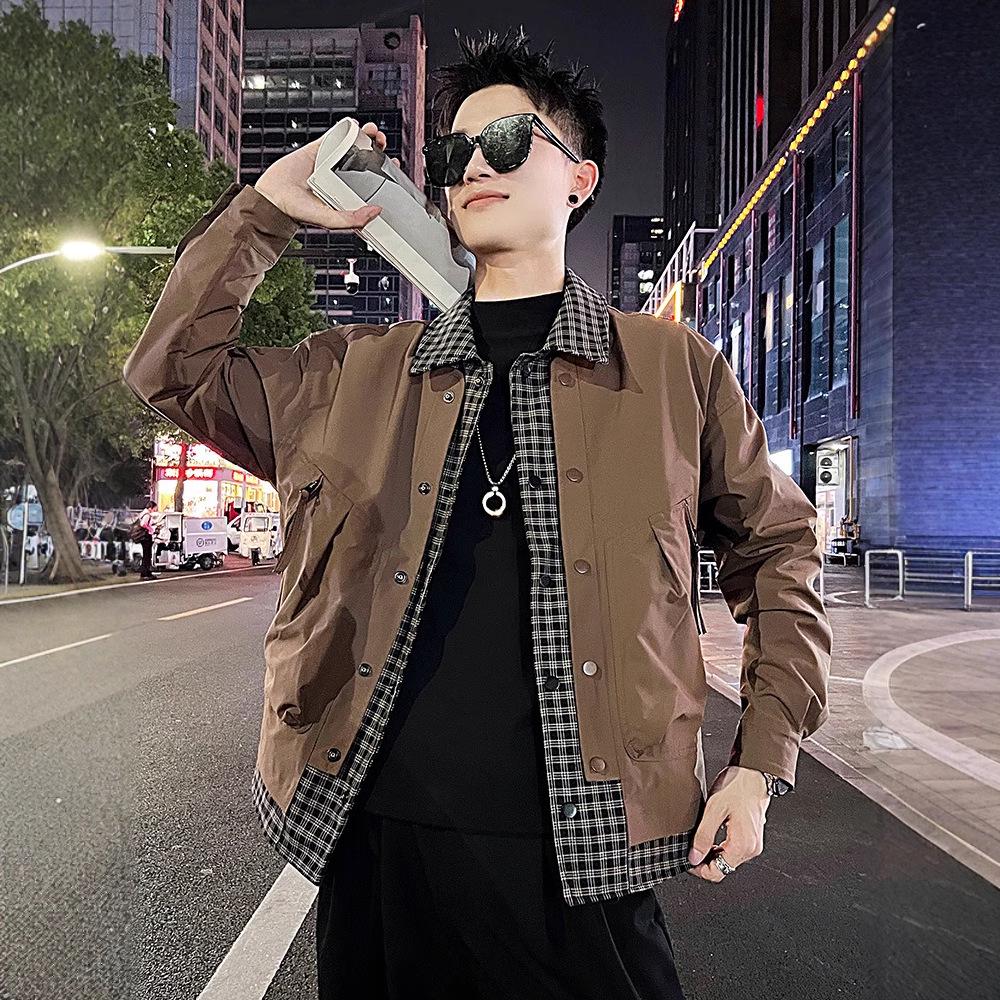 Men's Trendy Plaid Patchwork Jacket with Turn-Down Collar - New Spring/Autumn 2025 Collection.