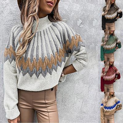 Damen Langarm Rollkragenpullover Geometrisches Muster Locker Lässig