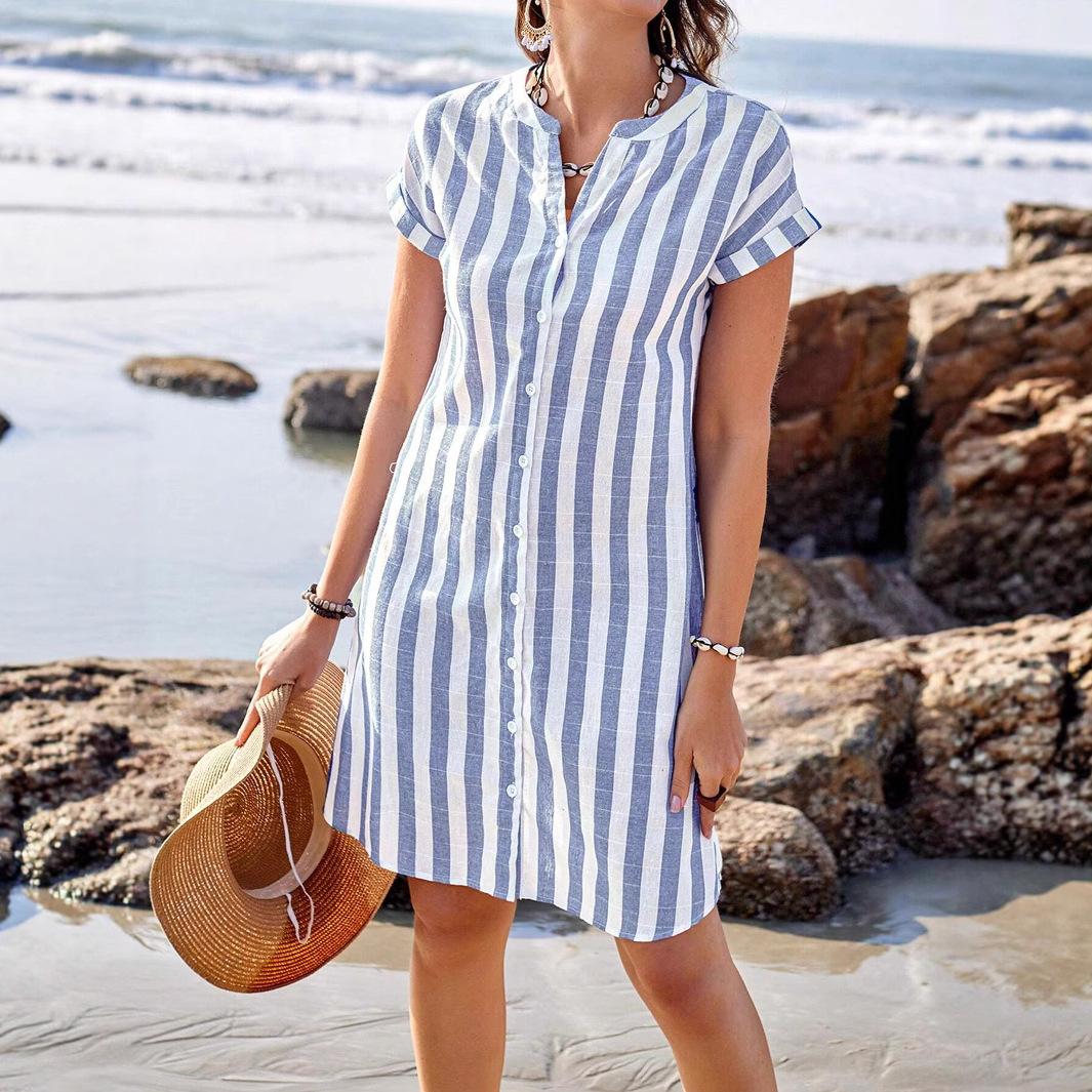 

Summer Shirt Women s Fashion, Loose, Casual and Elegant, Casual Striped Shirt Top S Темно-синій