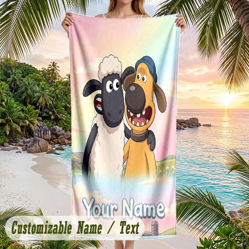 Shaun the Sheep Beach Towel, Personalized Custom Text, Quick Dry Soft Large Towel For Swimming Pool Travel