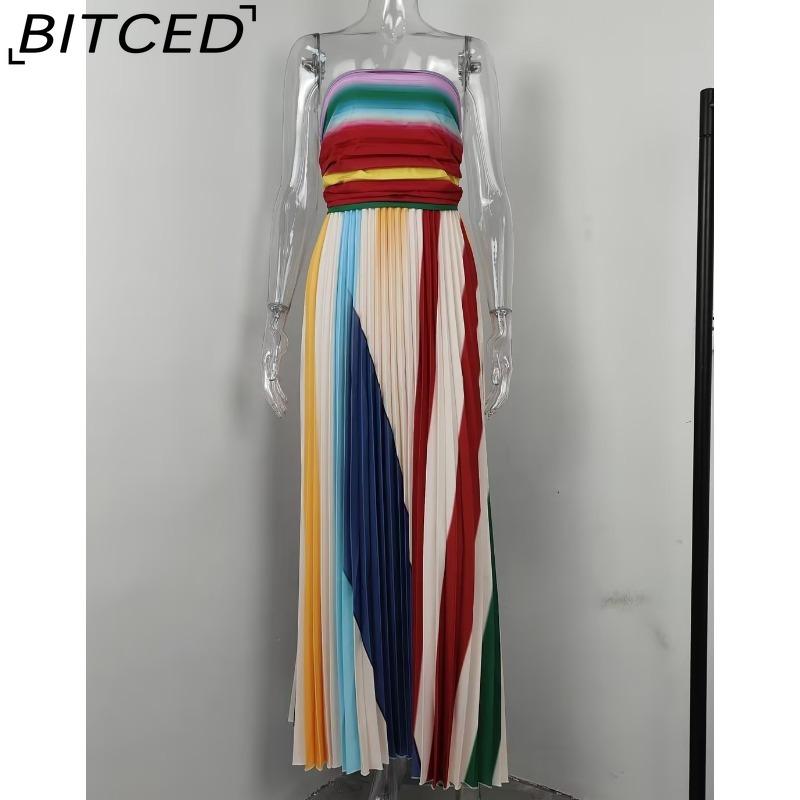 BITCED Summer Women's Fashion Print Sleeveless Halter Neck High-Waisted Long-Line Full-Skirted Dress