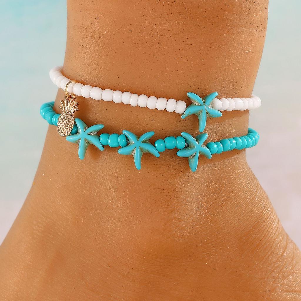 Bohemian Beach Anklet Set, Multi-Layer Beaded & Shell Charm Ankle Bracelets with Starfish, Turtle, Tassel Details