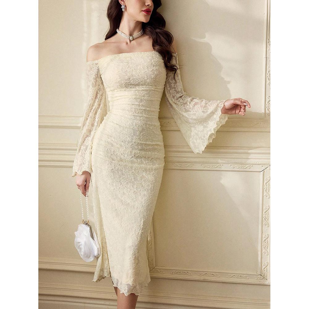 Women's Off The Shoulder Lace Dress Bell Sleeves Bodycon Evening Party Gowns Sexy Y2K Long Dresses