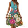 Women's Spring Summer Casual V Neck Sleeveless Waist Floral Print Midi Dress