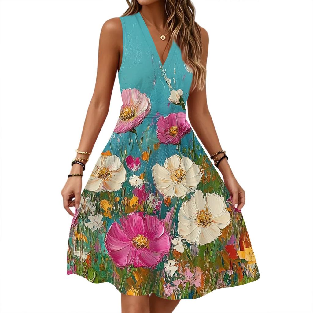 Women's Spring Summer Casual V Neck Sleeveless Waist Floral Print Midi Dress