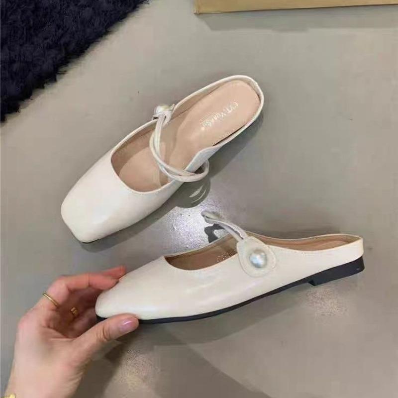 Women's Flats Summer BaoTou Half Slippers Mary Janes Shoes Luxury Square Toe Slippers for Women 2025Flat Slippers Zapatos Mujer