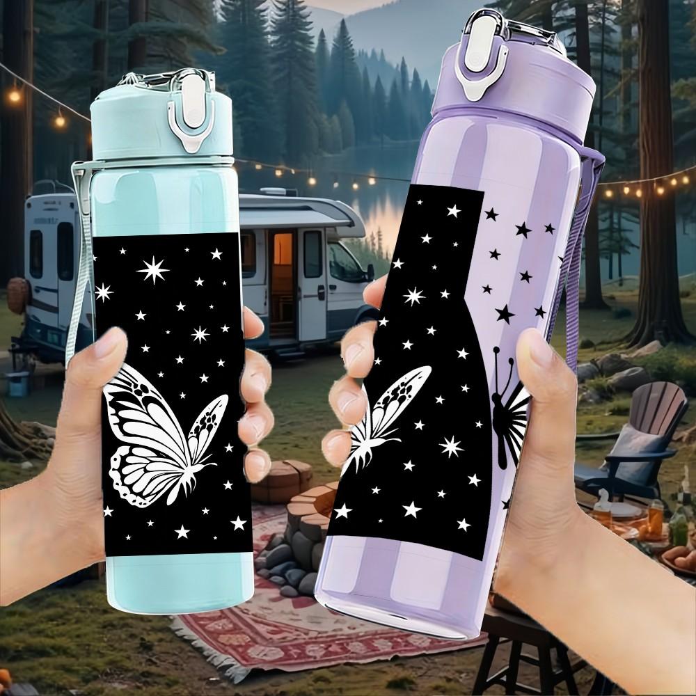 1PC Black White Butterfly Star Frame 750ml Color Plastic Sports Water Bottle Leakproof Flip Straw Lid For Sports Office Home Use