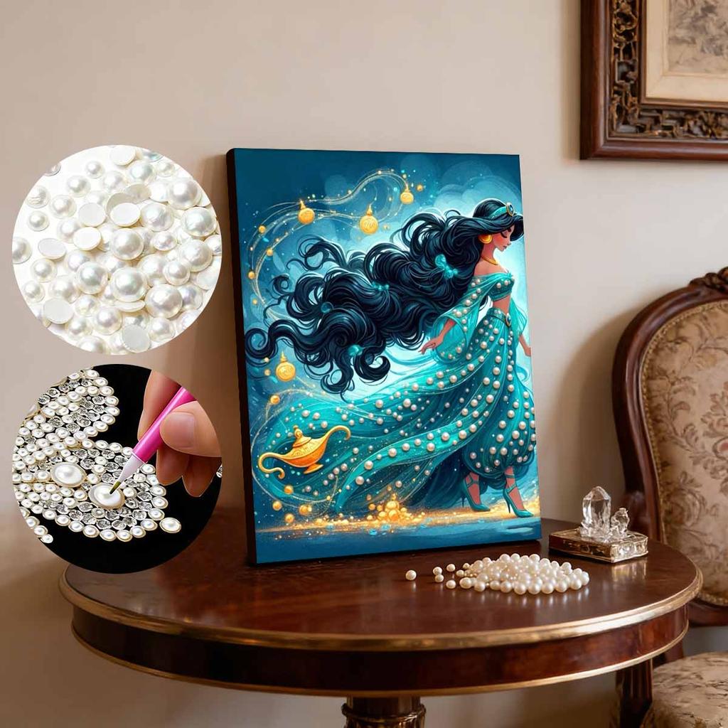 Classic Princess Jasmine Turquoise Pearl Dress Pearl Art Painting Aladdin Golden Magic Lamp Magic Light Belt Pearl Inlaid Frameless Craft Painting