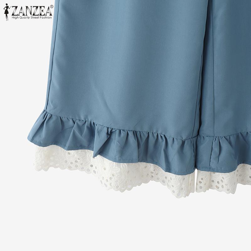 ZANZEA Damen Spitze Einsatz Lässige Elastische Taille Weite Hose