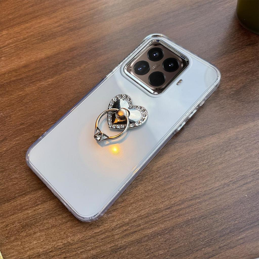 Luxury Bling Rhinestone Heart Ring Bracket Clear Phone Case for Xiaomi 15T Pro Stand Cover