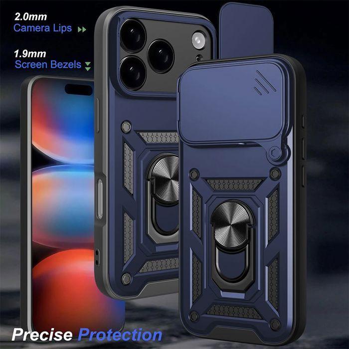 Coque pour iPhone 18 Pro Max, Rigide avec Anneau et Protection Objectif Coulissante - Bleu Marine