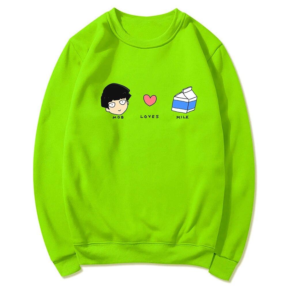 Anime Mob Psycho 100 Mob Loves Milk Hoodies Winter Unisex/women Tops Crew Neck Hoodie Autumn Sweatshirt Vintage Harajuku Sudaderas