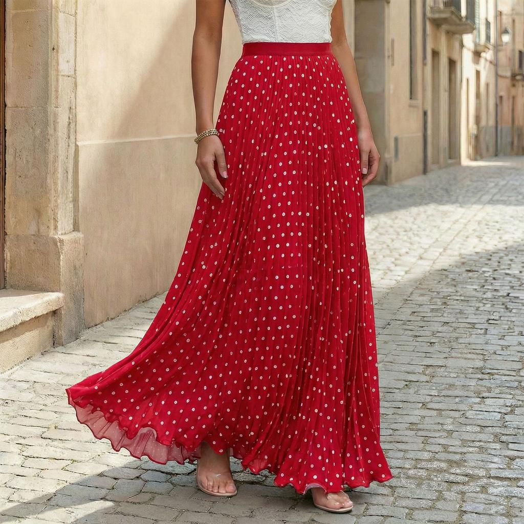 Women Vintage Polka Dot Print Pleated Maxi Skirt Holiday Style High Waist Flowy A Line Skirt for Casual and Everyday Wear