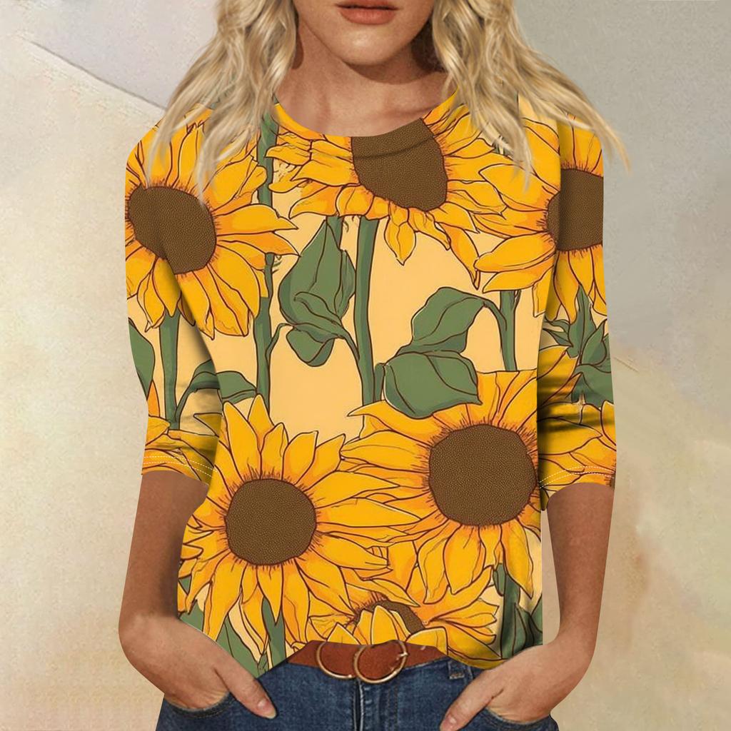 Women's Fashionable Casual Round Neck Three-Quarter Sleeve Printed T-Shirt Top