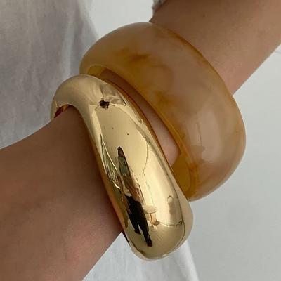 Salircon Punk Geometric Acrylic Resin Wide Chunky Bangles Set for Women Vintage Metal Cuff Spring Bracelets Jewelry Couple Gifts