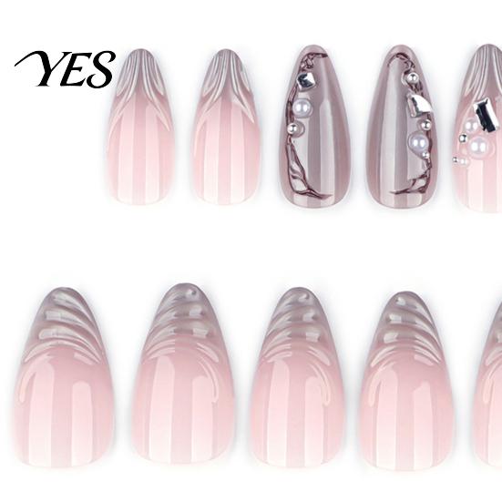 DIY Manicure Supplies 24Pcs Water Ripple Press on Nails for Women, Faux Pearl Almond Glossy Finish Stick-on Fake Nails, Removable Full Cover