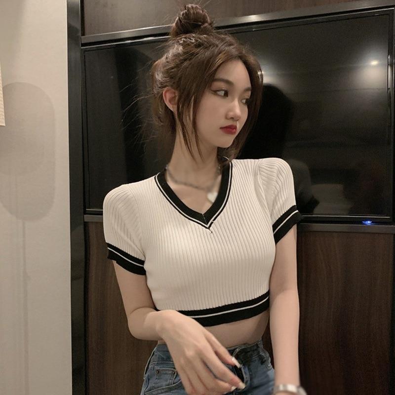 :Short Slim T-shirt For Women Short-sleeved Tops Summer Solid Color Shirt