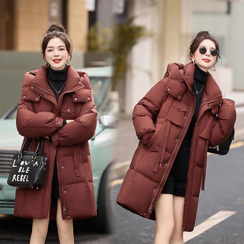 

Женский толстый пуховик с капюшоном - Миди длиной до колена, 90% пух белой утки, HE99822 M (fits 115-130 jin)