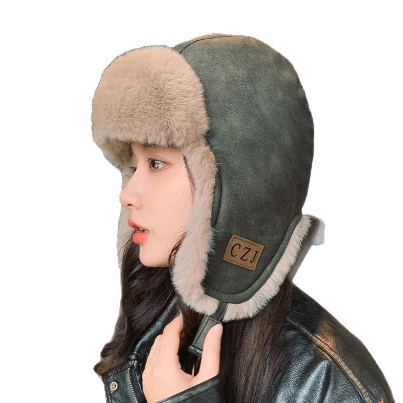 Adult Leather Waterproof and Warm Lei Feng Hat Men's Outdoor Motorcycle Ski Plus Velvet Flying Hat Women's Ear Protection Hat