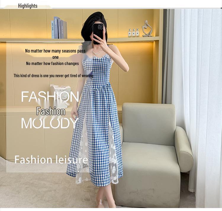 In-Stock Lace Plaid Slimming Camisole Dress with Large Skirt.