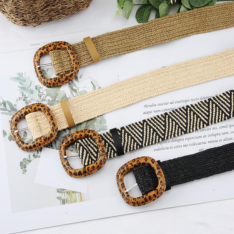 Pp Grass Woven Belt Women'S Retro Cotton And Linen Ethnic Style Dress Waist Seal Leopard Print Buckle Decorative Belt